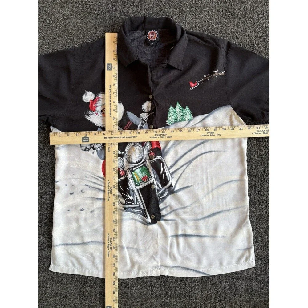 Men’s XL Santa Claus Motorcycle Biker Christmas Button-Up Shirt‎ Black